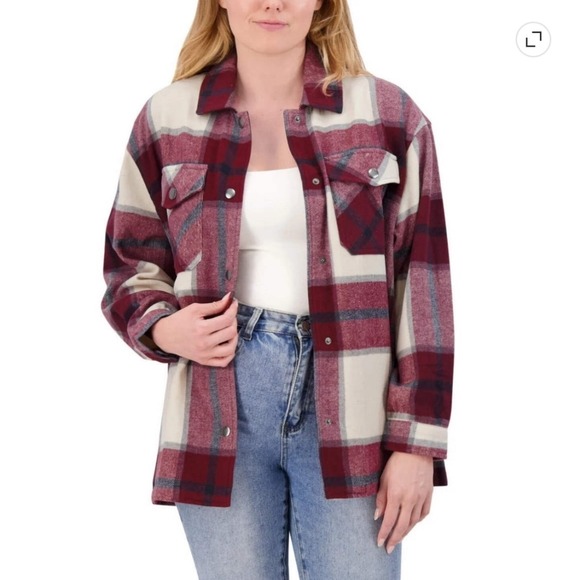 Jackets & Blazers - Womens Burgundy Plaid Button Down Shacket Oversized Flannel Jacket Cabincore M